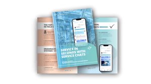 A photo of a whitepaper about service chats for industry. The cover photo shows an application on a smartphone. The white headline on a turquoise industry-picture-background above it reads: Service in seconds with Service Chats